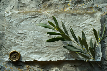 Poster - A minimalist shot of an olive branch laying on a piece of handmade paper, with a wax seal nearby,