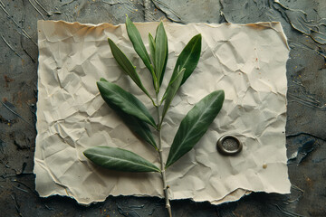 Poster - A minimalist shot of an olive branch laying on a piece of handmade paper, with a wax seal nearby,