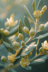Poster - A macro shot of the tiny buds on an olive branch, with a soft-focus background,
