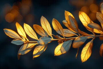 Poster - An olive branch with golden leaves illuminated by warm sunset light, against a dark background,