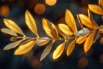 Poster - An olive branch with golden leaves illuminated by warm sunset light, against a dark background,