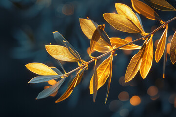 Poster - An olive branch with golden leaves illuminated by warm sunset light, against a dark background,