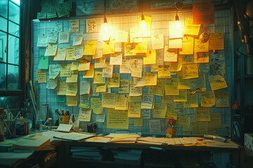 Poster - A visual of sticky notes being placed and rearranged on a board, illustrating the process of organizing and prioritizing ideas,