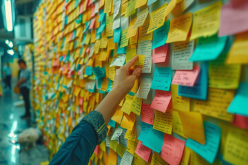 Poster - A visual of sticky notes being placed and rearranged on a board, illustrating the process of organizing and prioritizing ideas,