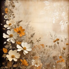 Wall Mural - Romantic vintage style floral aged paper background. Delicate flowers on weathered grungy texture.