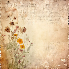 Wall Mural - Romantic vintage style floral aged paper background. Delicate flowers on weathered grungy texture.