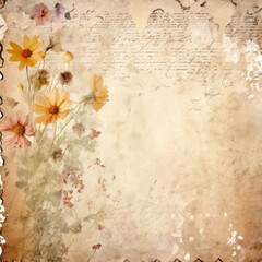 Wall Mural - Romantic vintage style floral aged paper background. Delicate flowers on weathered grungy texture.