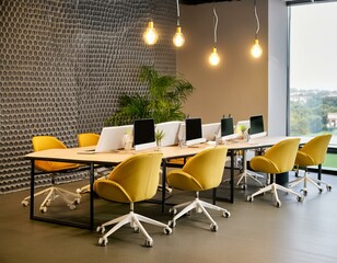 Modern coworking office interior with copy space on wal