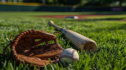 Wall Mural - close-up shot of a baseball bat, glove, and ball on a well-kept grass field, with space for an advertisement banner