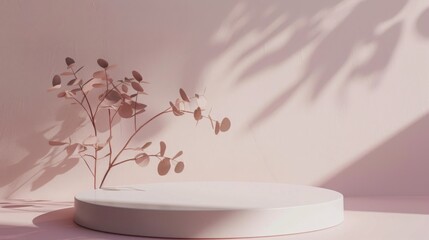 Leinwandbilder - A round white display stand is bathed in soft pink light, with delicate shadows of a plant casting patterns in the morning.