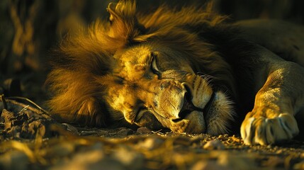 Wall Mural -   A close-up of a lion lying on the ground with its head resting on another lion's back, its eyes closed