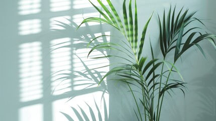 Wall Mural - A gentle white backdrop for showcasing products with a plant s shadow and blinds reflected on the wall
