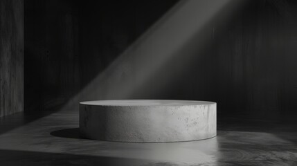 Leinwandbilder - A solitary circular concrete platform is highlighted by a single beam of sunlight penetrating a dark, empty room.