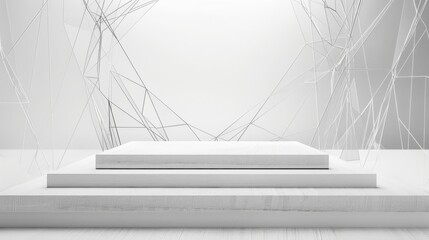 Fototapete - A minimalist white pedestal stands in a modern art gallery, surrounded by abstract wire designs, offering a sleek and clean visual.