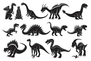 Wall Mural - A set of dinosaur silhouettes against a dark background, ideal for use in educational materials or prehistoric-themed designs