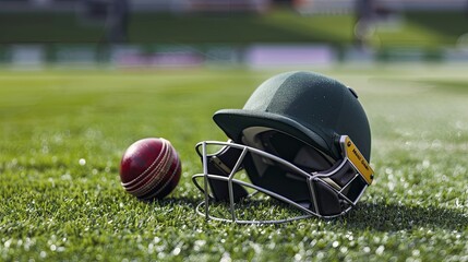 cricket helmet resting on the grass next to a cricket ball with the pitch in the background