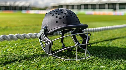 cricket helmet with protective grill placed on the grass near the boundary rope