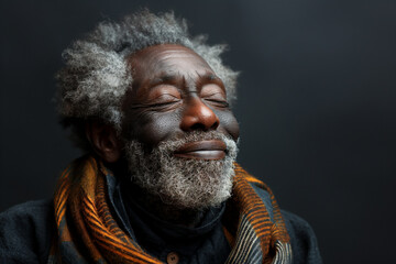 Canvas Print - Close-up portrait of a smiling older man against blank dark grey background with copy space for ads