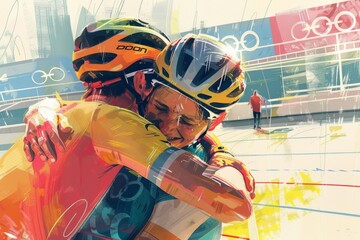 Emotional Embrace of Cyclist and Coach After Olympic Victory – Joy, Celebration, Achievement in Sports Artwork