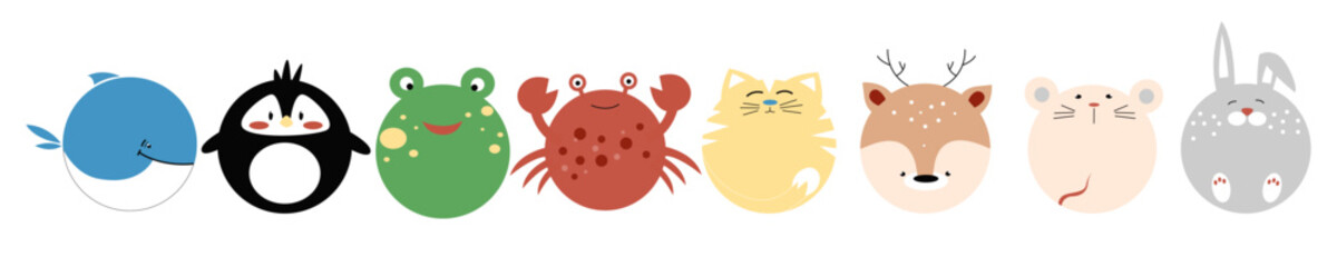 Vector set of funny round animals. Cat, bunny, mouse, deer, crab, frog, whale, penguin for logo and greeting cards