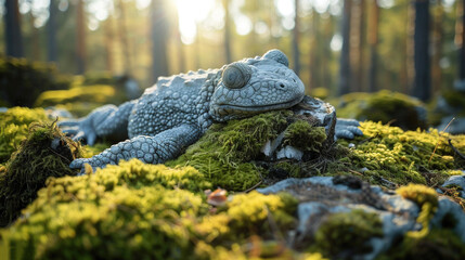Wall Mural -   A close-up of a fluffy toy on a mossy base amidst a dense woodland, bathed in sunlight filtering through the leaves
