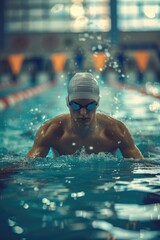 A person wearing a swimming cap and goggles swims in a pool