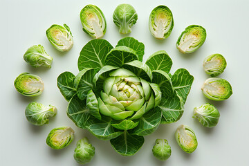 Fresh Green Brussels Sprouts Arranged in a Circular Pattern on White Background