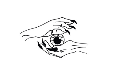Wall Mural - Vectote illustration. Moira's hands. Hold the eye in your hands. Graphic arts. Ink drawing. Witch hands. Long scary nails. The witch holds her eye.