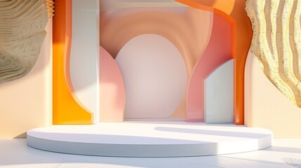 Fototapete - An abstract stage with curved design elements and bright, warm colors illuminated by natural daylight.