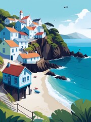 Wall Mural - A quaint, picturesque beautiful seaside town with geographical features like rocky cliffs, sandy beaches reminiscent of those found in Cornwall, U.K. 