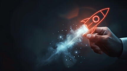 Aufkleber - Hand holding a digital illusion of a rocket as a symbol of startup, innovation, and advancement
