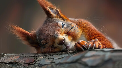 Wall Mural -   Close-up of squirrel resting on tree branch with head on another branch