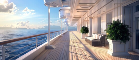 A view of a cruise ship's deck and railing with copy space