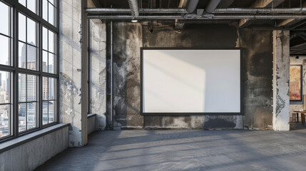 Spacious industrial loft with large blank frame on distressed wall, sunlight casting soft shadows