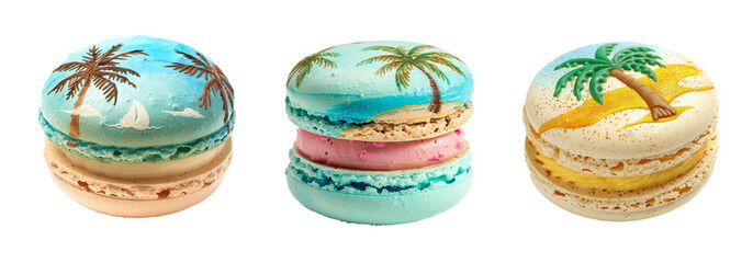 Canvas Print - Beach-themed macarons with tropical palm tree designs transparent background