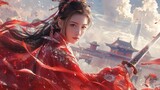 Experience the power and grace of a fearless heroine as she dons a red Hanfu, brandishes a sword, and takes flight through the majestic gates of an ancient palace