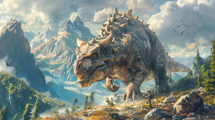 cute baby Einiosaurus defending its territory from a predator in a mountainous terrain depicted in a mural