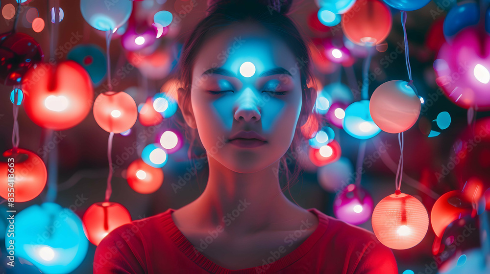 A close-up view of a person meditating with a serene expression ...