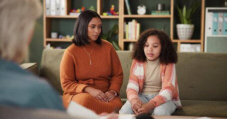 Sticker - Child, mother and psychology or mental health in therapy for daughter trauma, behavior problem and sad. Family, parent and kid in counseling session for depression, anxiety and professional support