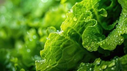 Wall Mural - Close-up of a dewy lettuce leaf, showcasing freshness and vibrant green color.