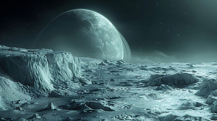 detailed closeup of the surface of triton neptune's largest moon with neptune and its rings visible 
