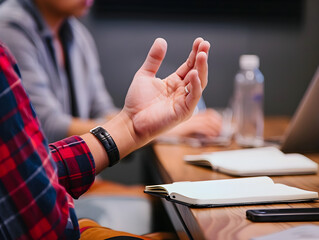 Individual leads a focus group discussion to collect feedback in a corporate setting.