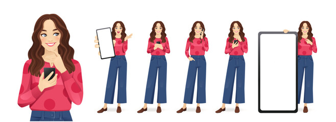 Young beautiful woman with curly hair holding mobile phone, talking, texting, thinking and showing empty screen isolated vector illustration
