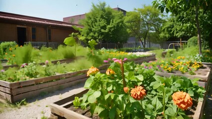 Poster - A school garden bursting with a variety of colorful flowers in bloom, A school garden blooming with flowers and vegetables tended to by enthusiastic students