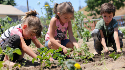 Sticker - mixed race children in elementary School age gardening in the community garden and enjoy the learning about agriculturagl