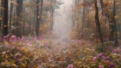 Poster - A vibrant painting of a dense forest with an abundance of colorful wildflowers blooming in a secluded clearing, A secluded clearing filled with wildflowers and fallen leaves