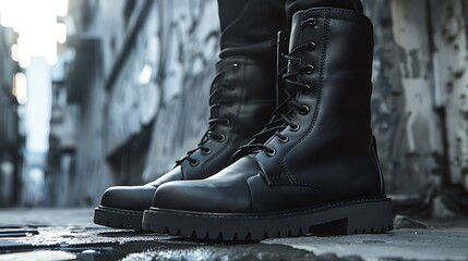 Wall Mural - Bold black leather boots with rugged features, displayed in an urban setting