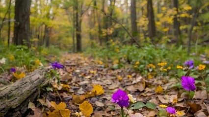 Canvas Print - A forest teeming with various leaves and flowers in a secluded area, A secluded clearing filled with wildflowers and fallen leaves