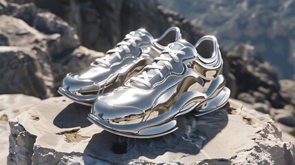 Wall Mural - Bold, metallic silver athletic shoes with reflective details, placed on a stone platform
