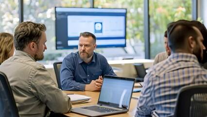 Sticker - Employees engaged in a training session with their laptops at a conference table, A security awareness trainer educating employees on cybersecurity best practices